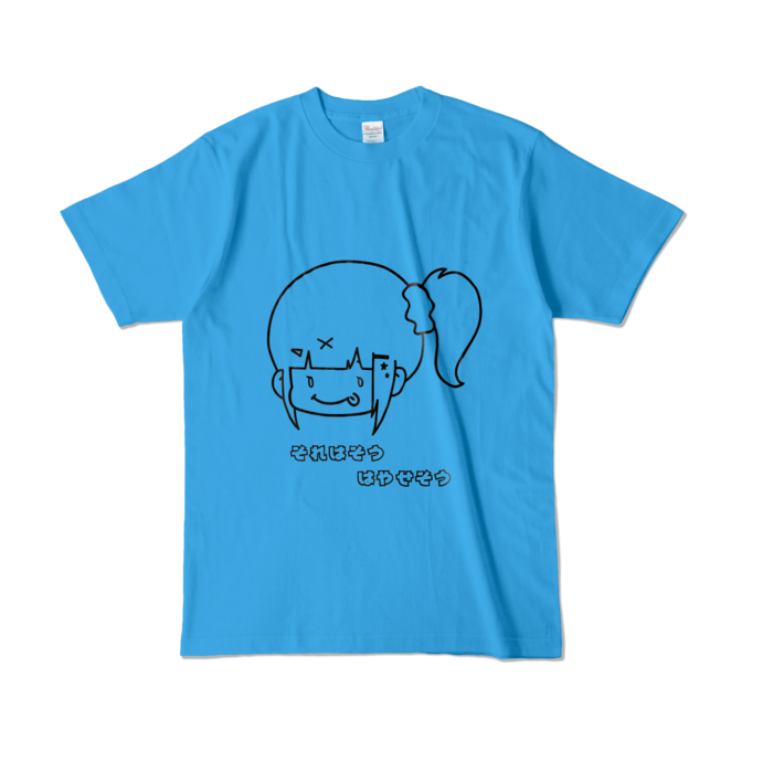 ぺろりんはやちぇ文字付きTシャツ - L - ターコイズ