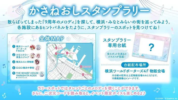 スタンプラリーの案内図。みなとみらいの地図と専用台紙の見本