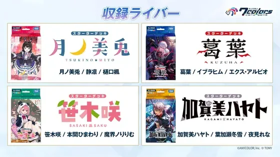 NIJISANJI 7 Colors Card Gameのスターターデッキ4種（月ノ美兎・葛葉・笹木咲・加賀美ハヤト）のパッケージを並べ、それぞれのデッキ名ロゴと収録ライバー名を添えた「収録ライバー」の一覧画像。