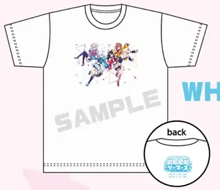 Tシャツ WHITE Ver.の見本。白の地の胸に集合イラスト、背中にイベントロゴ