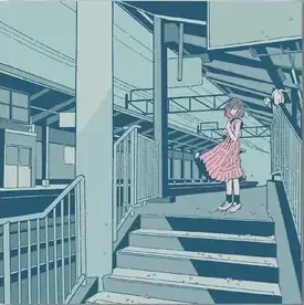 駅の階段の上に立つ、ピンクのワンピースの女の子のジャケットイラスト