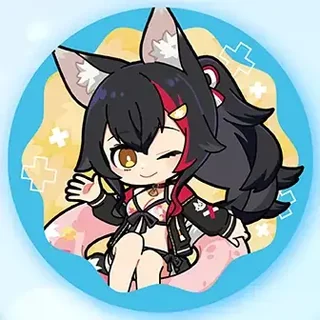 水色と黄色の地に、水着姿でウインクするミニキャラが描かれた丸い缶バッジ。