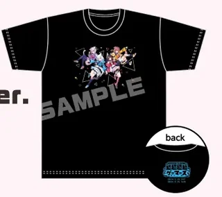 Tシャツ BLACK Ver.の見本。黒の地の胸に集合イラスト、背中にイベントロゴ