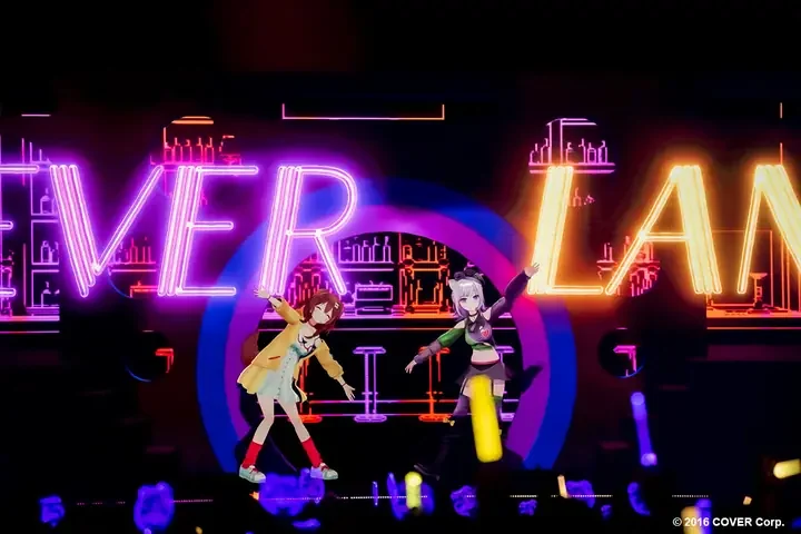 ネオンのバーカウンターの映像を背に、並んで踊る3Dモデル