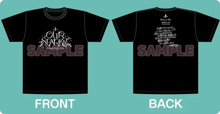 胸に「OUR SPARKLE」のロゴが入った黒いTシャツの表と裏の見本(SAMPLEの文字入り)