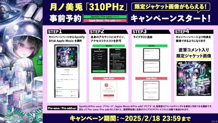 「310PHz」事前予約キャンペーンの参加手順と限定ジャケット画像の告知。