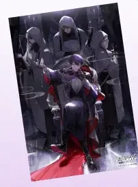 アニメイト特典の6PWブロマイドの画像。玉座に座る人物と、フードをかぶった人物たちのイラストが印刷されている