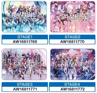 hololive 7th fes.の各ステージのキービジュアルを使ったブランケット4種(STAGE1〜STAGE4)の絵柄見本で、それぞれに商品番号ラベルが付いています。