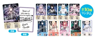 「ホロライブプロダクション デビュータレントカード」の見本。名前と「YOUTUBE」「X(旧Twitter)」のQRコードが入ったカードが並び、「シオリ・ノヴェラ」の表面と手書きのメッセージとサインの入った裏面、「全10種 ランダム」の文字と「SAMPLE」の文字があります。