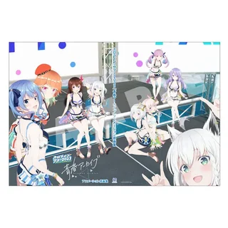 「青春アーカイブ」アニメーション原画集の表紙と裏表紙を広げた画像。ステージに水着姿のタレントたちが描かれ、背に書名、表に「青春アーカイブ」のロゴと「アニメーション原画集」の文字があります。うすく透かし文字が入っています。