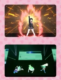 ライブの場面を写した2枚のカードの画像。上は炎のような光の中で片手を上げるキャラクター、下は緑の光のステージで踊るキャラクターたち。