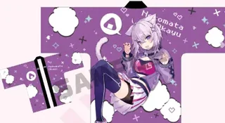 紫の法被の見本。背中に猫又おかゆのイラストと「Nekomata Okayu」の文字