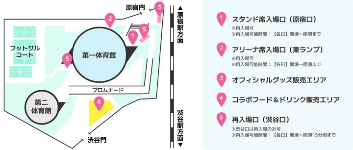 国立代々木競技場のエリアマップ。スタンド席入場口、アリーナ席入場口、オフィシャルグッズ販売エリア、コラボフード&ドリンク販売エリア、再入場口の場所