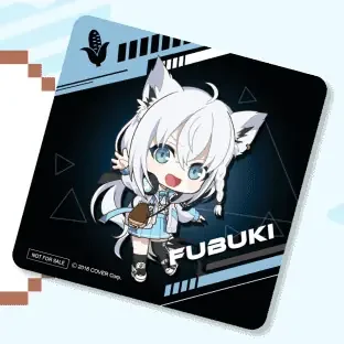 白上フブキのちびキャラのイラストのオリジナルコースターの見本。「FUBUKI」「NOT FOR SALE」の文字