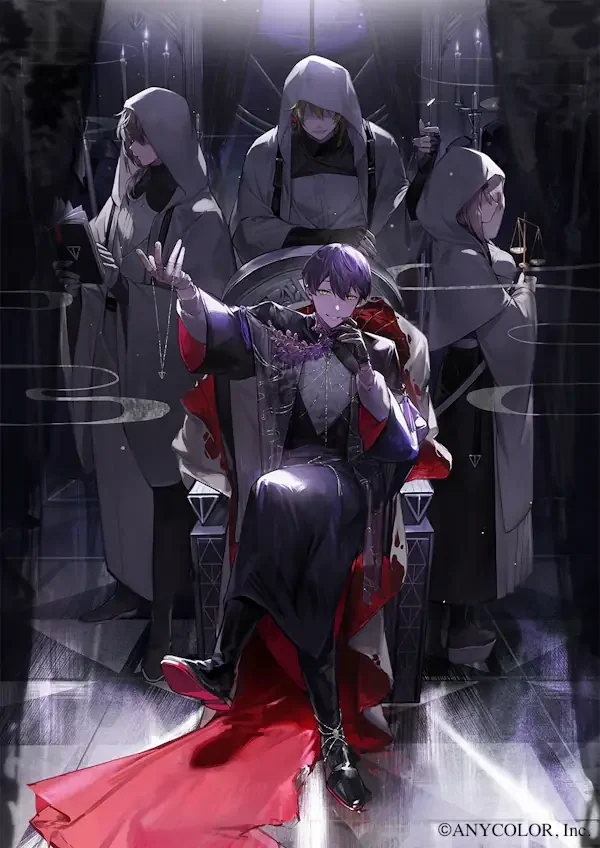【虚空大戦】のイラスト。玉座に座る人物と、その後ろに立つフードをかぶった人物たちが描かれている