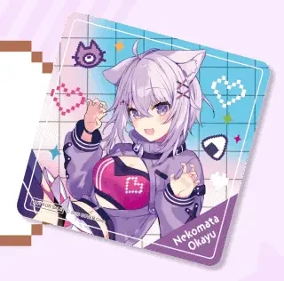 猫又おかゆのイラストのオリジナルコースターの見本。「Nekomata Okayu」の文字